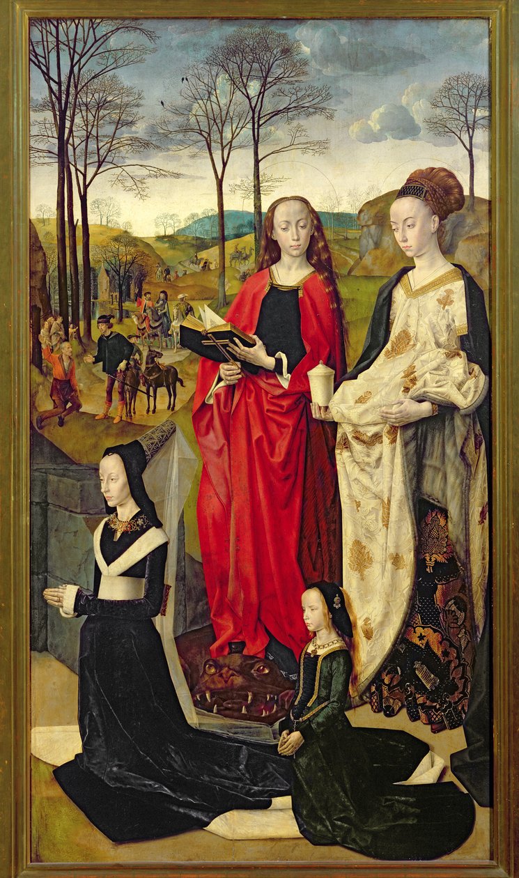 Pala Portinari, Santa Maria Maddalena e Santa Margherita con Maria Baroncelli e la figlia Margherita Portinari, ala destra, c.1479 da Hugo van der Goes