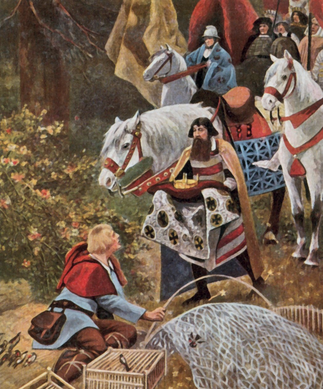 La corona reale tedesca viene presentata a Enrico il Fowler, 919 (litografia a colori ingrandita) da Hugo (after) Vogel