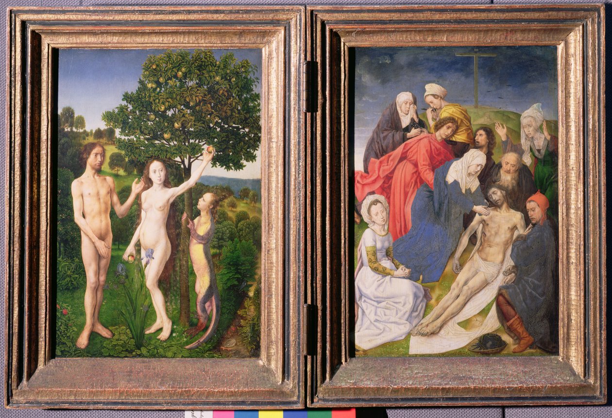 Dittico: La caduta (Adamo ed Eva, serpente e mela) e Deposizione di Gesù (dopo il 1479) da Hugo van der Goes