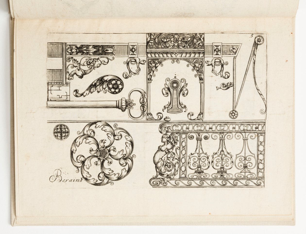 Piatto 5, da Diverses pièces de serruriers (Vari disegni per fabbri) da Hugues Brisville