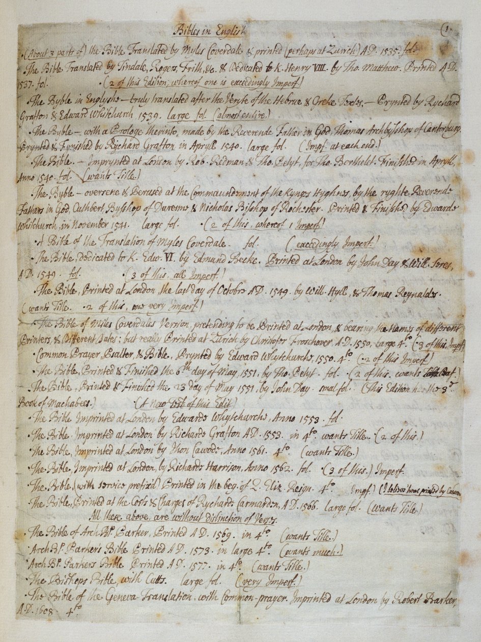 Catalogo delle bibbie alla Cattedrale di San Paolo, 1707 da Humphrey Wanley