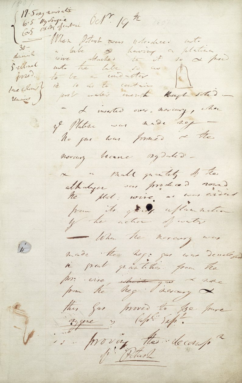 Potassio: appunti di Sir Humphrey Davy del suo esperimento che portò alla scoperta del potassio, 1807 da Humphry Davy