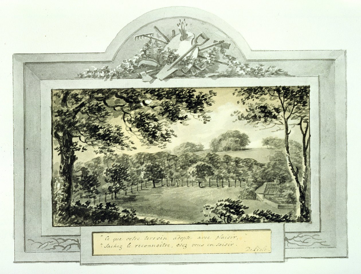 (dopo) vista dei giardini, dal Red Book per Antony House, c.1812 da Humphry Repton