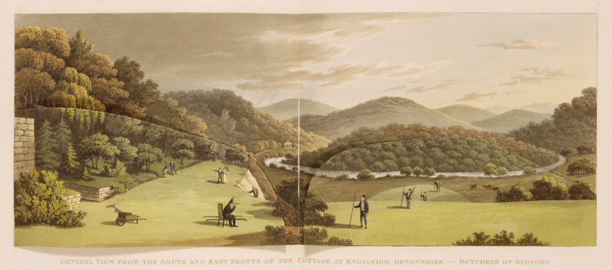 Vista generale dai fronti sud ed est del cottage a Endsleigh, Devon (prima) da 