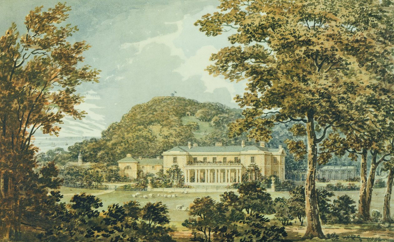 La facciata sud con la facciata est in prospettiva, dal Red Book per Antony House, c.1812 da Humphry Repton