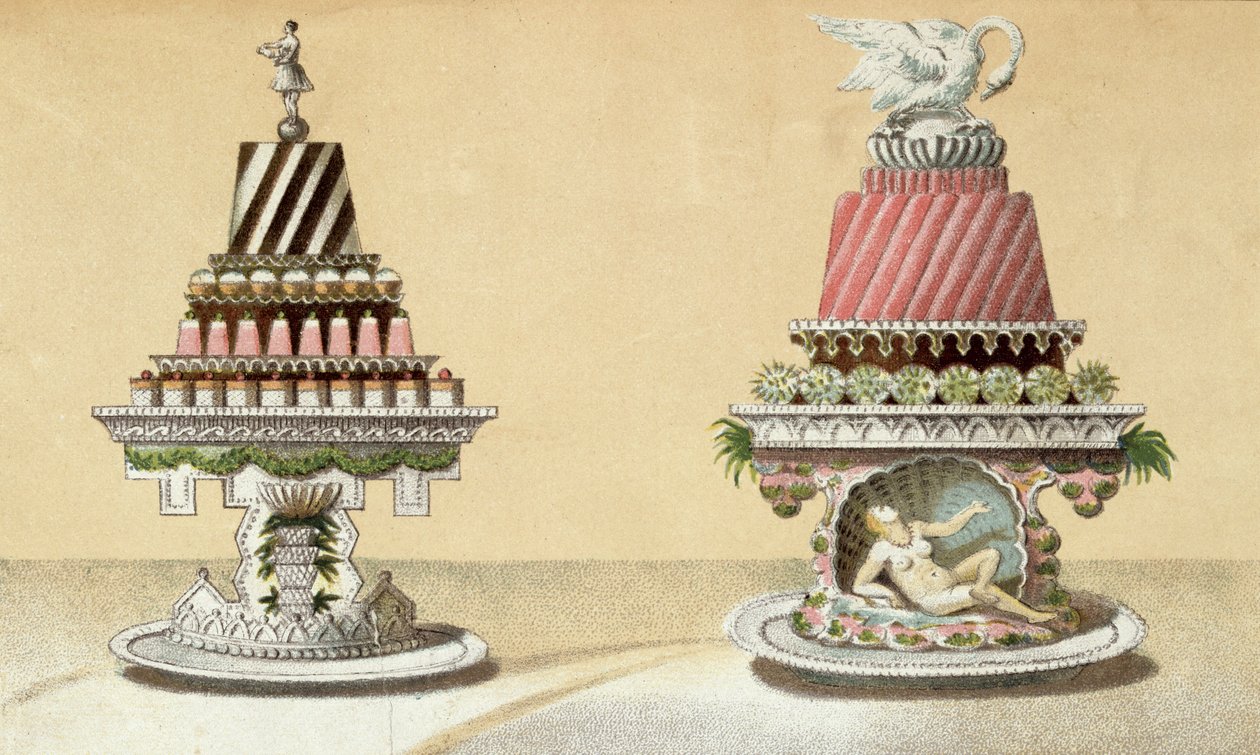Progetto per la presentazione di Charlottes a la Reine & Pain de Framboises a la Leda, illustrazione da un libro di cucina ungherese sulla cucina francese, c.1880 da Hungarian School