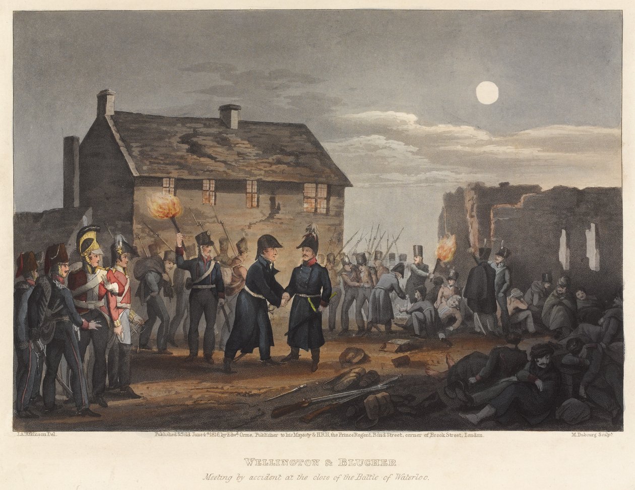 Wellington e Blucher si incontrano per caso alla fine della battaglia di Waterloo, inciso da M. Dubourg, 1819 da I. M. Clark