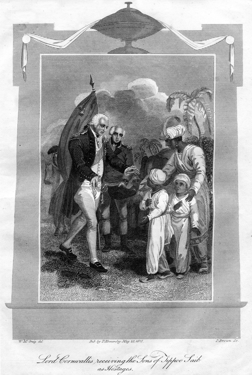 Lord Cornwallis 1738-1805 riceve i figli di Tippoo Saib come ostaggi, 1816 da I. Brown