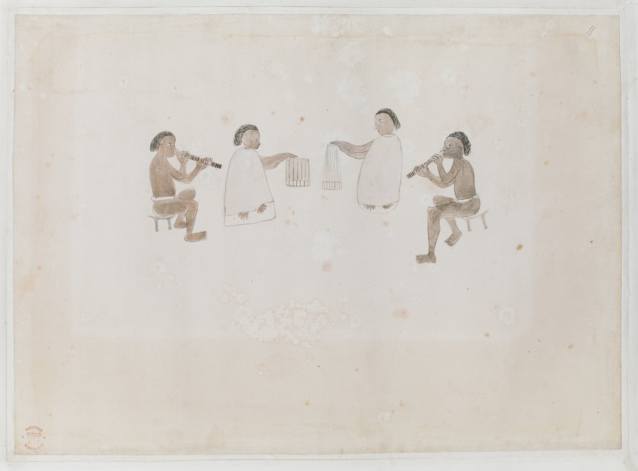 Musicisti di Tahiti. Quattro tahitiani, due vestiti con il mare suonano il flauto nasale; due vestiti con il tiputa battono i tamburi, registrato nel diario di Joseph Banks I, 290 da I. F. Miller
