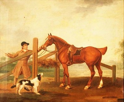 Un groom che conduce un cavallo da caccia baio da I. Moore