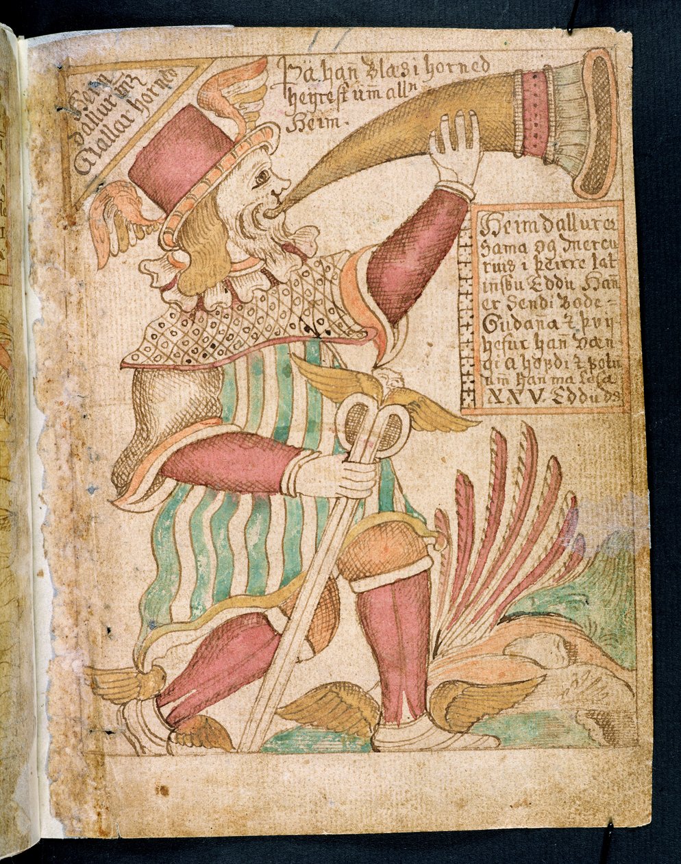 Heimdal che suona il suo corno prima del Ragnarok, da Melsteds Edda (penna e inchiostro e acquerello su carta) da Icelandic School