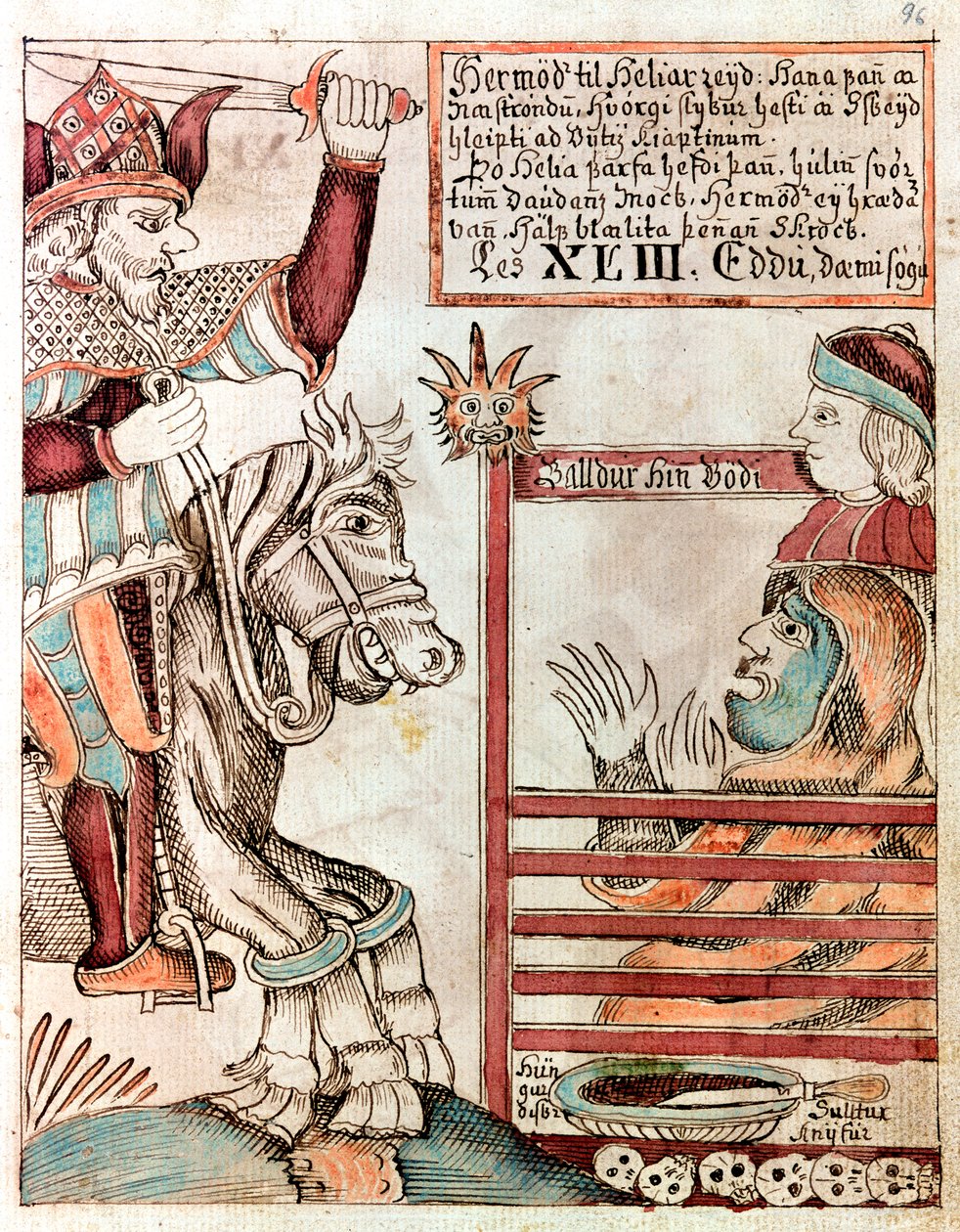 Hermod a cavallo di Sleipnir, il famoso cavallo a otto zampe di suo padre, ai cancelli sbarrati del Regno di Hel da Icelandic School