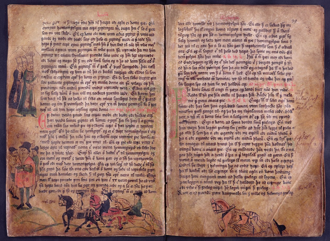 Due pagine illustrate da una copia della collezione di leggi originale del XIII secolo Jonsbok da Icelandic School