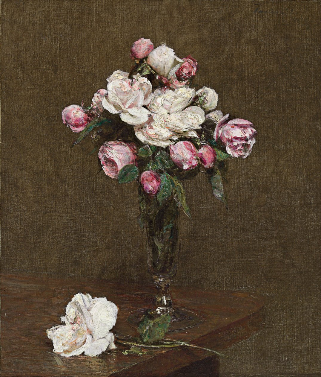 Rose rosa e bianche in un flûte di champagne da Ignace Henri Jean Fantin Latour
