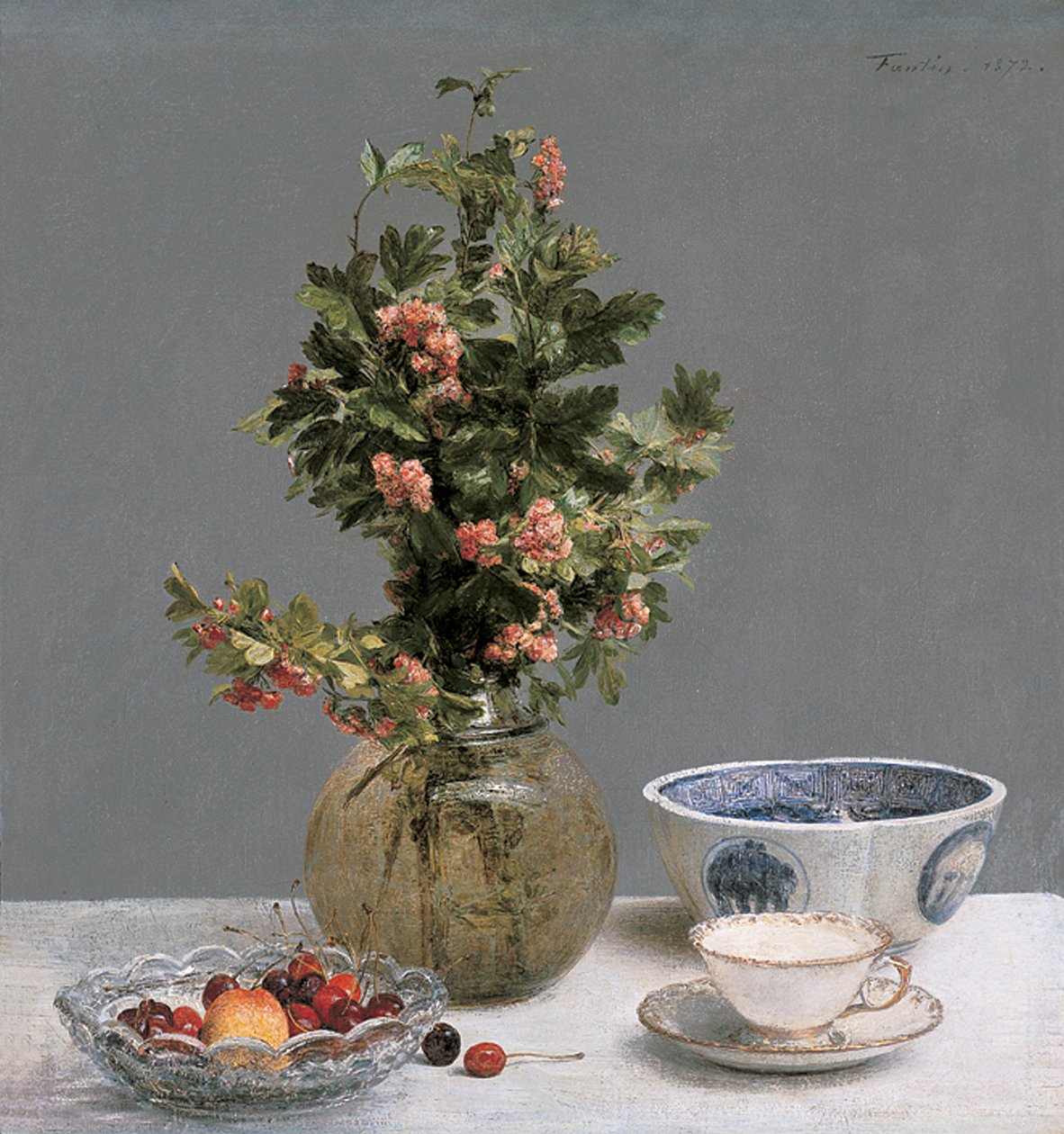 Natura morta con vaso di biancospino, ciotola di ciliegie, ciotola giapponese e tazza e piattino da Ignace Henri Jean Fantin Latour