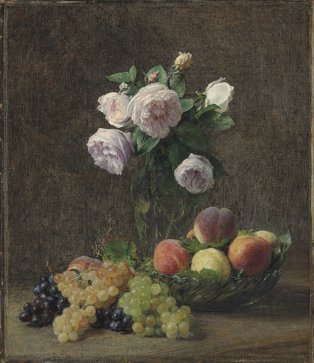Vaso di rose, pesche e uva da Ignace Henri Jean Fantin Latour