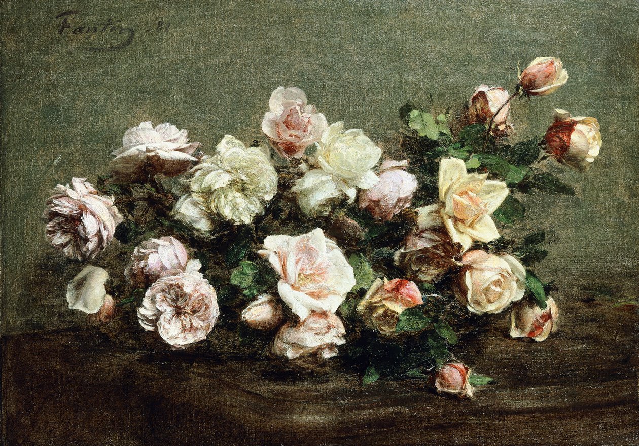 Vaso di rose bianche su un tavolo da Ignace Henri Jean Fantin Latour