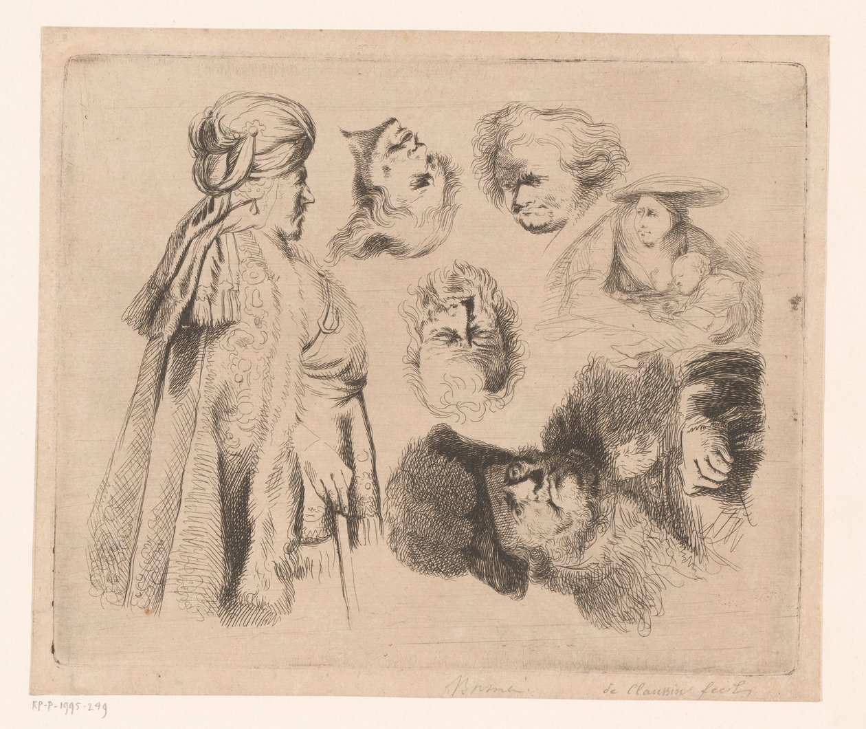 Composizione con uomo orientale, donna con bambino e quattro teste di uomini da Ignace Joseph de Claussin (attributed to)