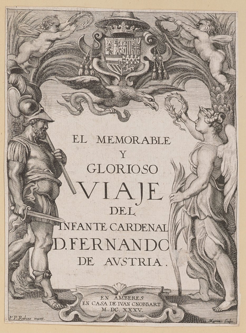 Pagina del titolo per D. De Aedo y Gallert, El...Viaje del Infante Cardenal... da Ignatius Cornelis Marinus after Sir Peter Paul Rubens