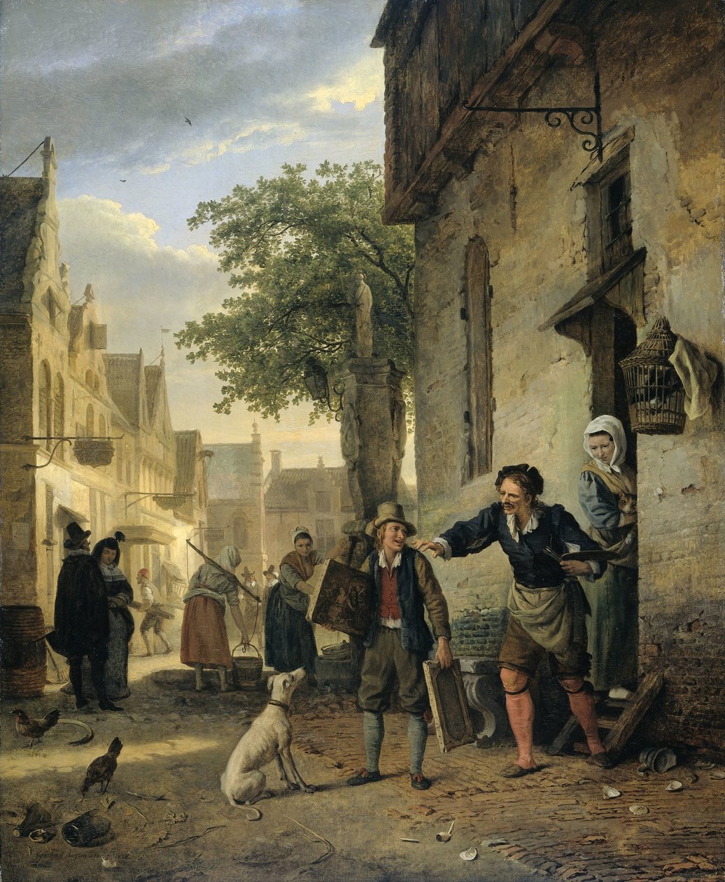Jan Steen manda suo figlio per strada a scambiare dipinti per birra e vino da Ignatius Josephus van Regemorter