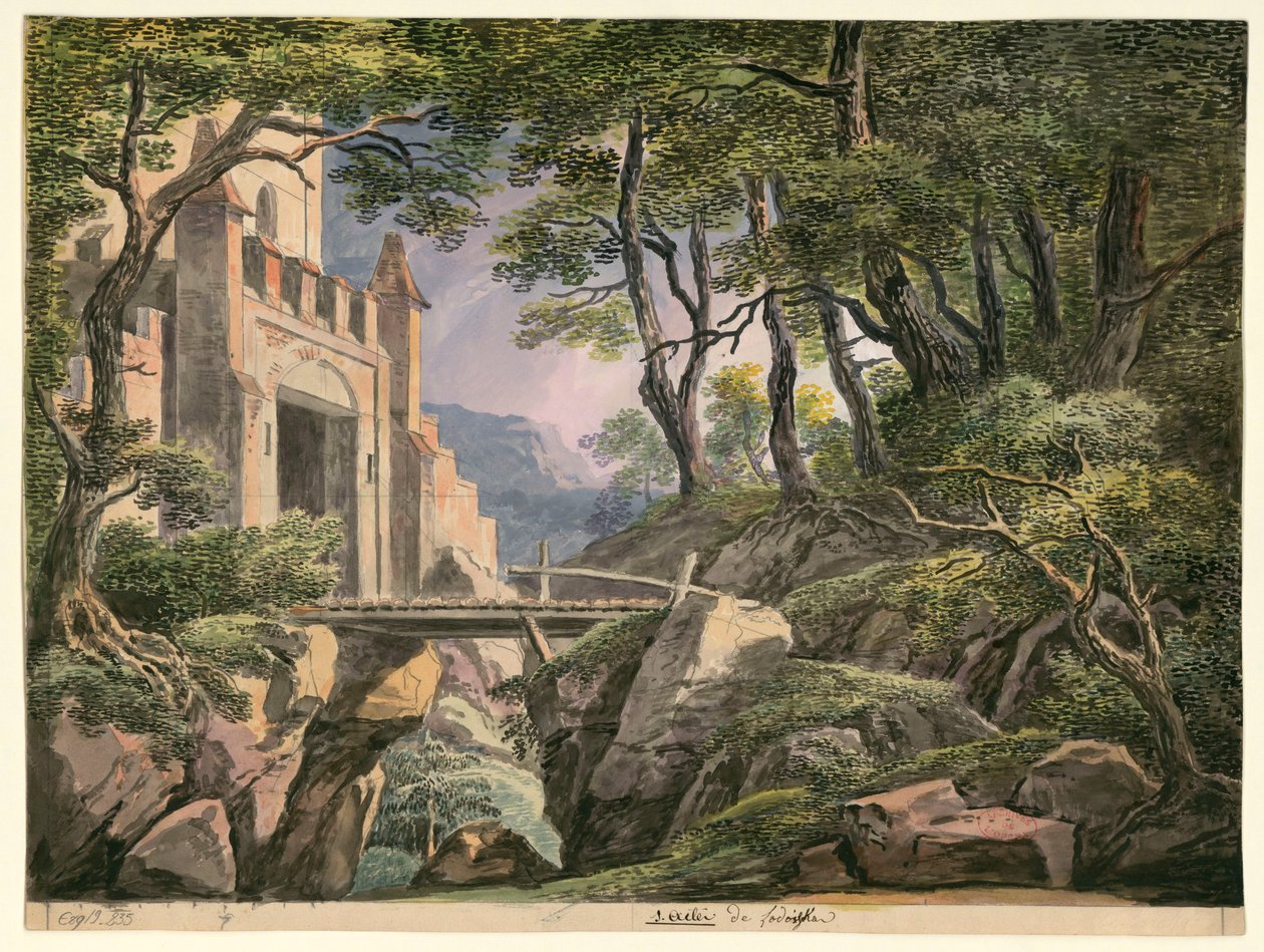 Schizzo per il decor del primo atto, opera Lodoïska di Cherubini, prima rappresentazione al Théâtre Feydeau a Parigi il 18 luglio 1791 da Ignazio Degotti
