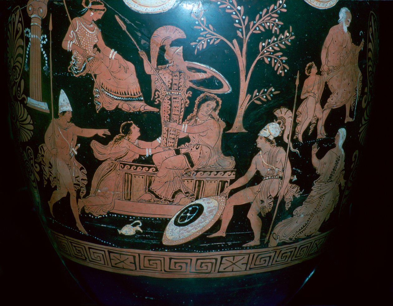 Cratere a volute a figure rosse greco con scena dal sacco di Troia da Illupersis Painter