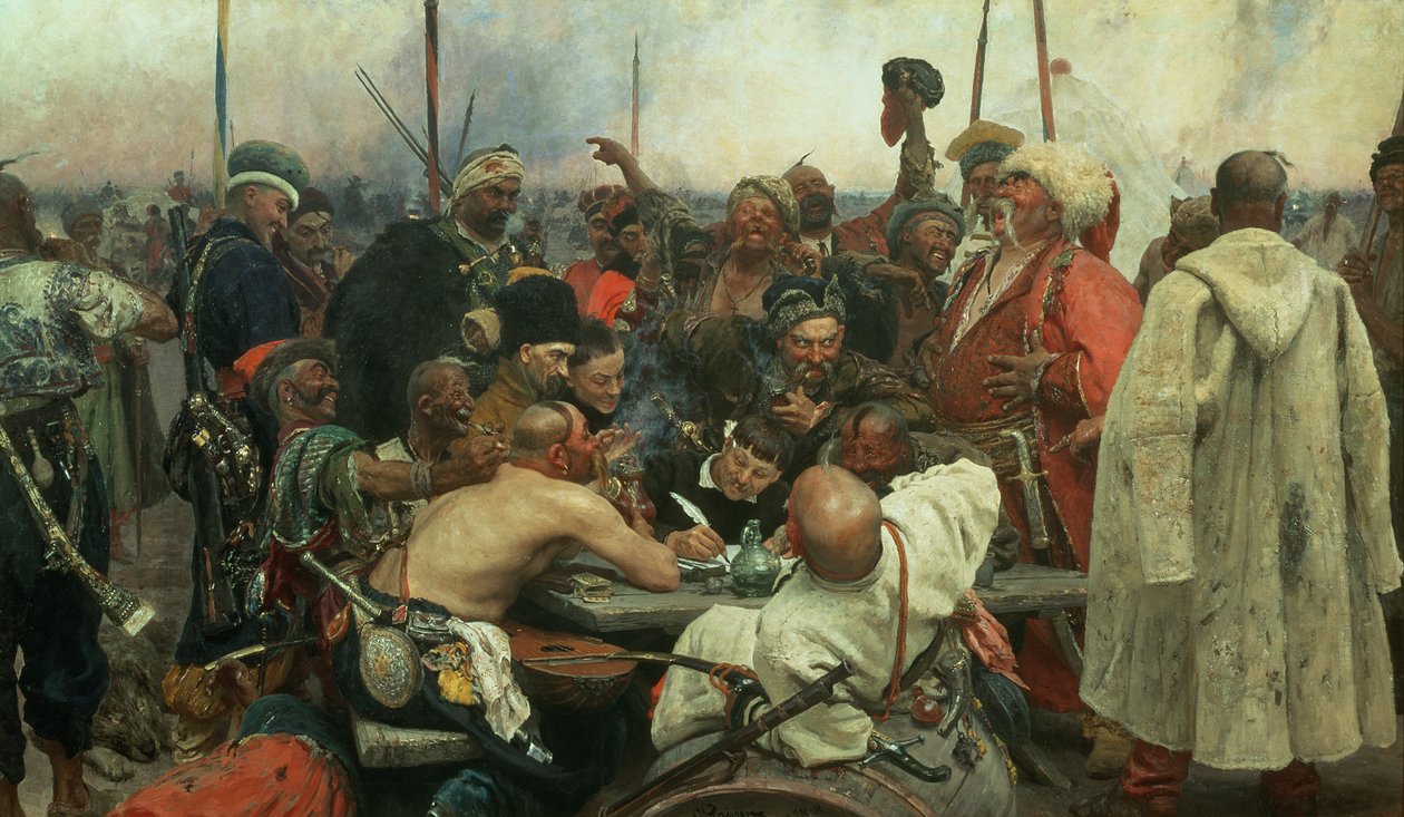 I cosacchi di Zaporozhye scrivono una lettera al sultano turco, 1890-91 da Ilya Efimovich Repin