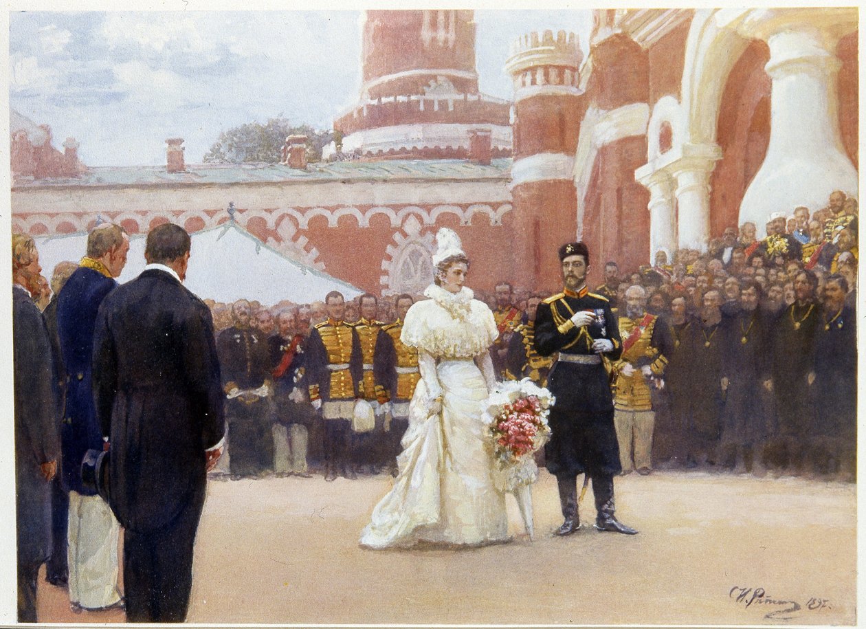 Nicola II e sua moglie, Alessandra Fëdorovna, ricevono gli anziani del distretto rurale, il 18 maggio 1896, nel cortile del palazzo Petrovsky a Mosca da Ilya Efimovich Repin