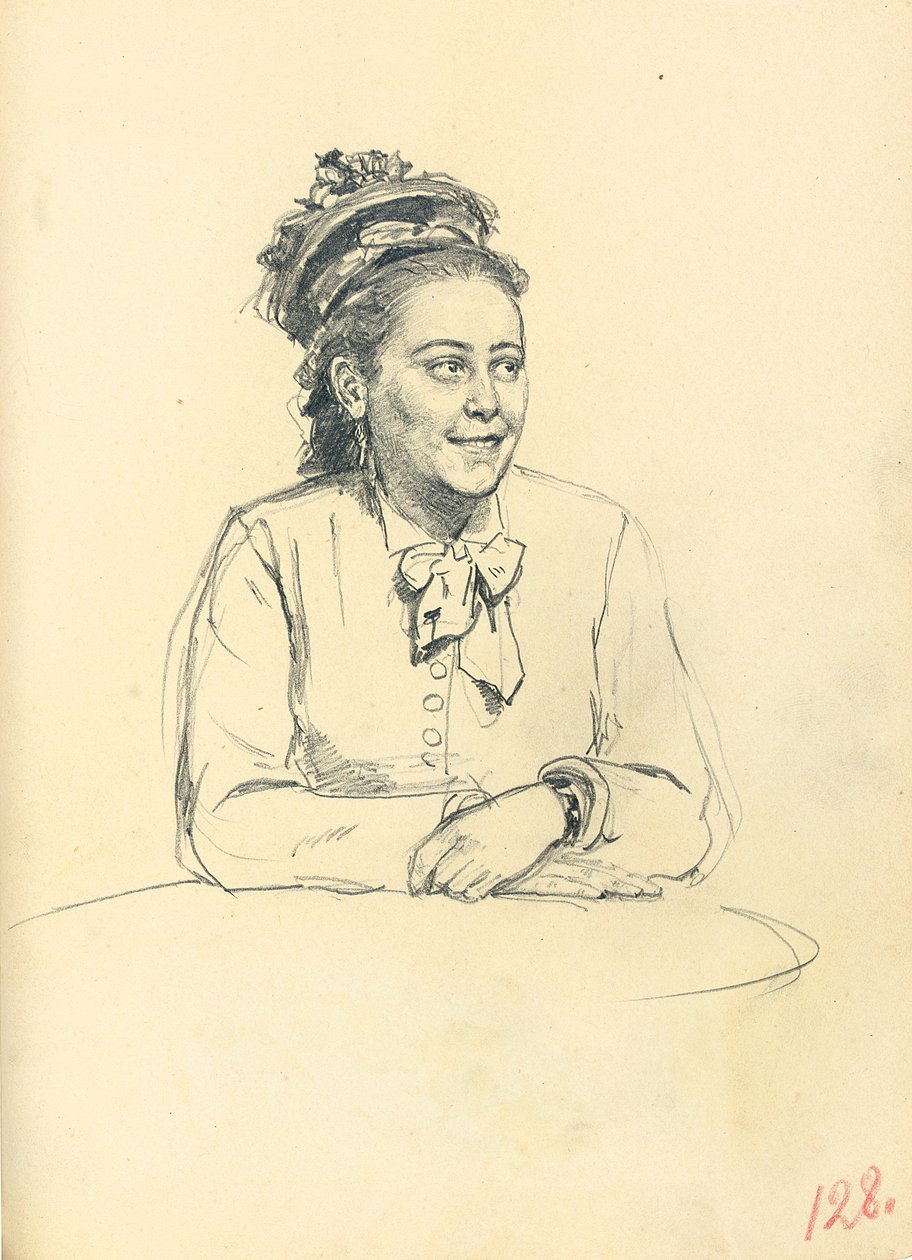 Studio per "Un caffè parigino": Donna seduta con fiocco e mani incrociate, c. 1872-1875 da Ilya Efimovich Repin