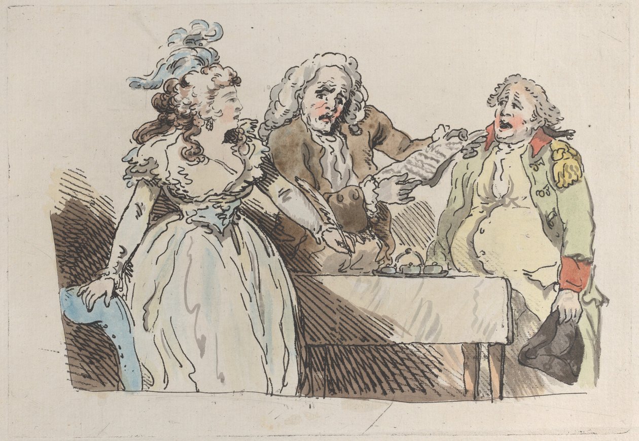 Una giovane ereditiera si prepara a firmare un documento da Imitator of Thomas Rowlandson.