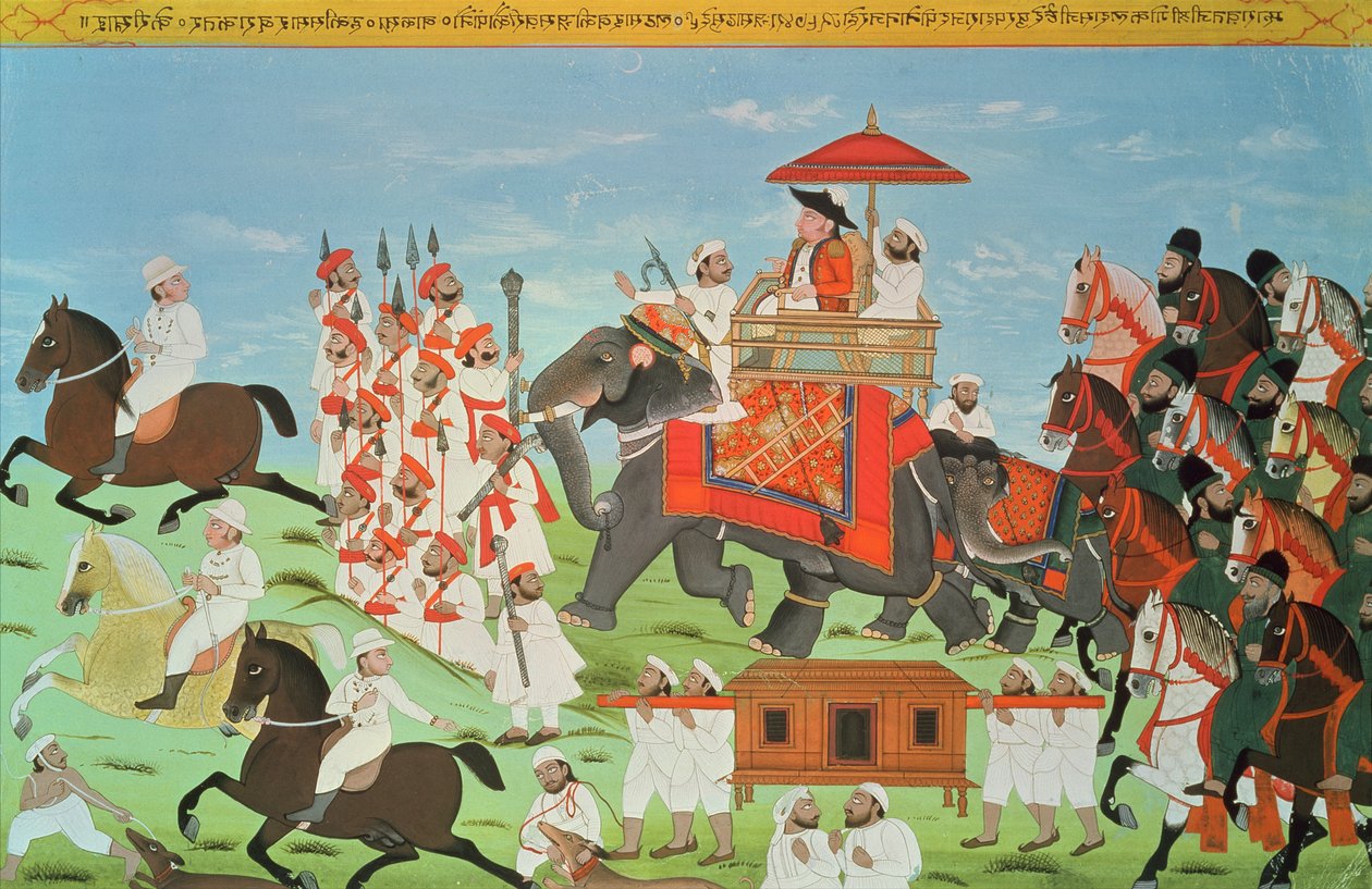 Colonnello James Tod che viaggia in elefante attraverso il Rajasthan con la sua cavalleria e sepoy da Indian School