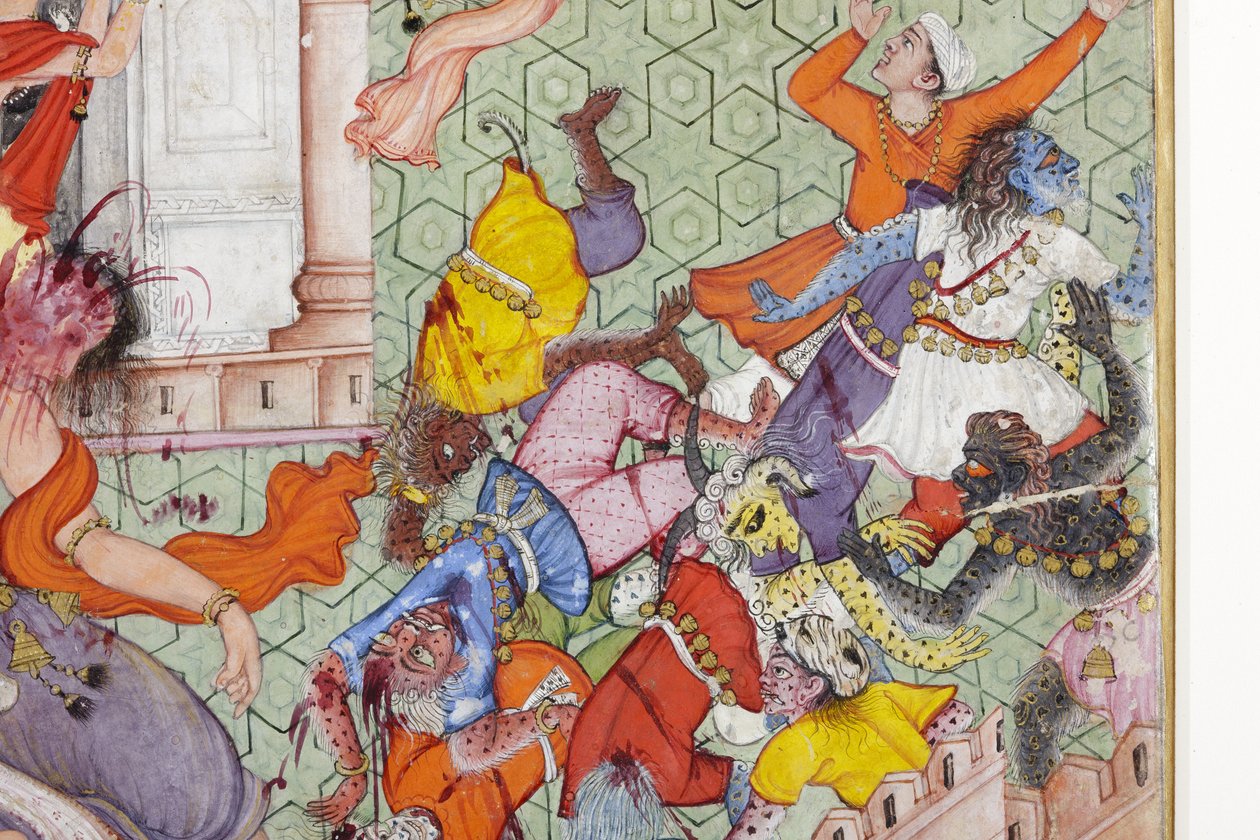 (dettaglio) Krishna divide il demone Narakasura con il suo disco, c.1585-90 (acquerello opaco e oro su carta) da Indian School