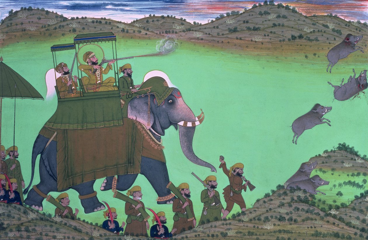 Maharana Sarup Singh di Udaipur che caccia cinghiali da dorso di elefante, Rajasthan, 1855 da Indian School