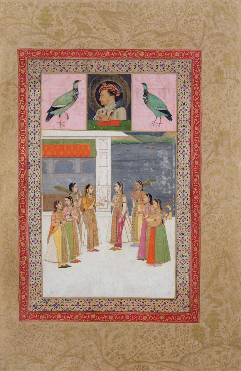 Ms E-14 Ritratto di Djahangir (1569-1627) due uccelli e nobildonne in conversazione da Indian School