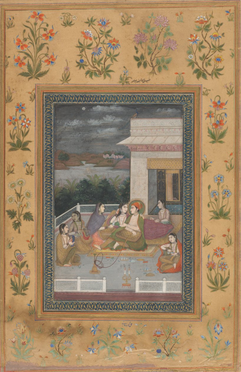 Una coppia su una terrazza circondata da attendenti e musicisti da Indian 18th Century