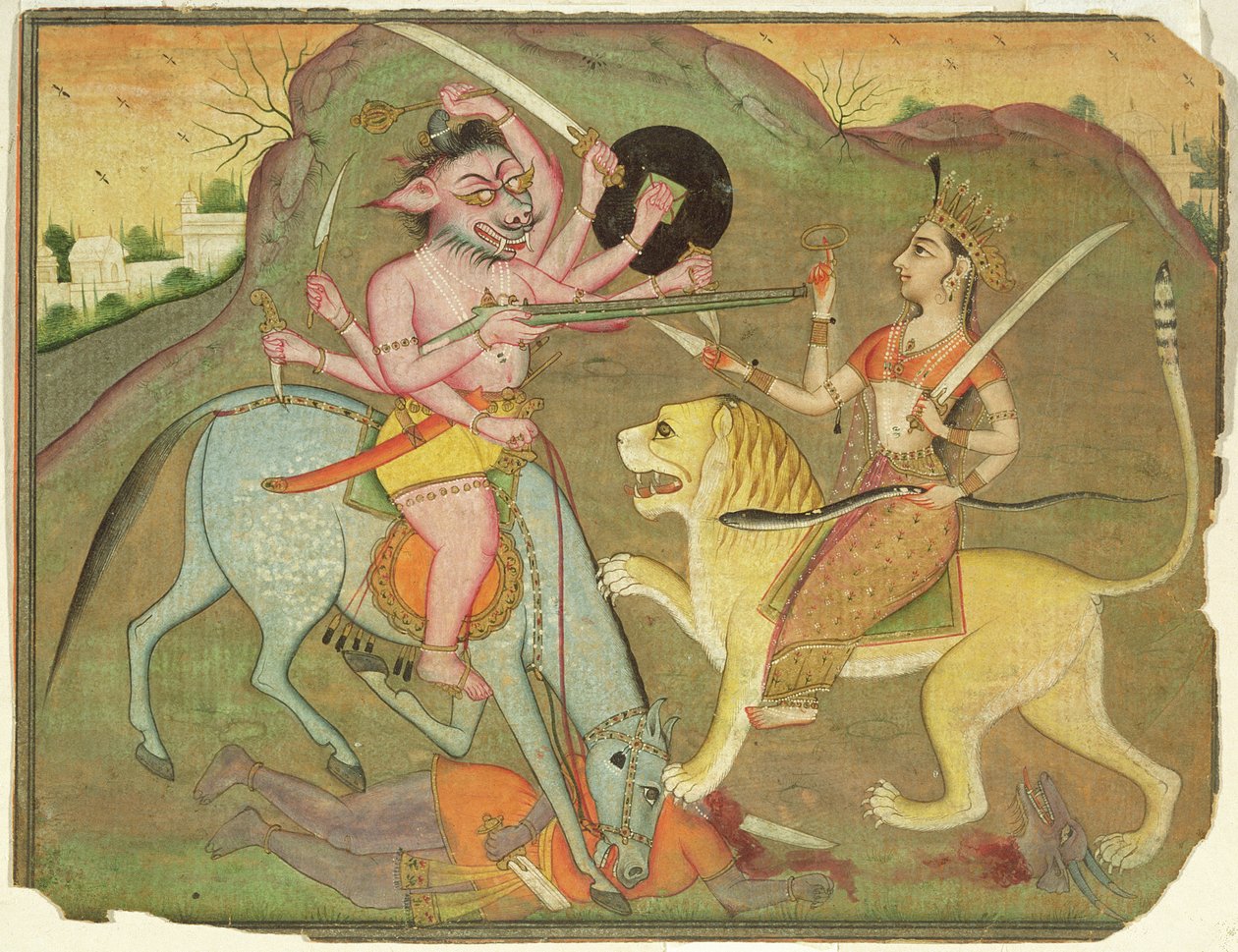 Durga in combattimento con Mahishasura, dal foglio di 