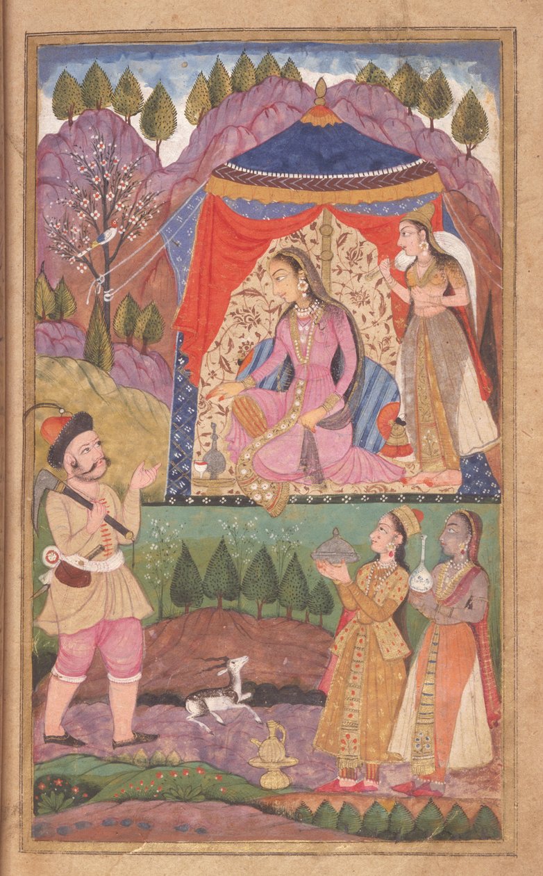 48.62 folio 138 Farhad racconta le sue avventure alla Principessa Shirin, dal Khusrau e Shirin, Scuola Deccani, 1722 da Indian School