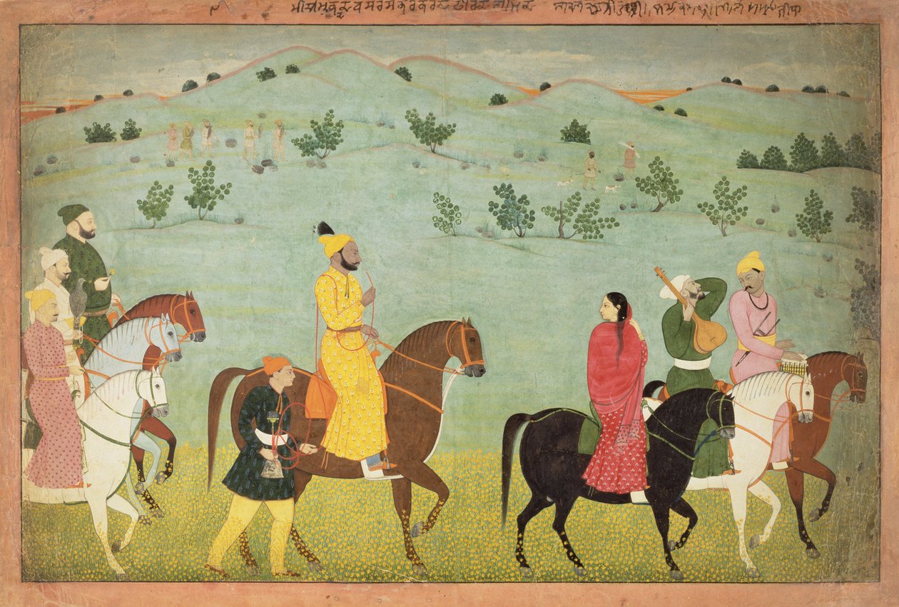 Un principe di Jasrota, possibilmente Balwant Singh, in una spedizione a cavallo, di Nainsukh (fl. 1740-50) Kashmir, c.1751 da Indian School