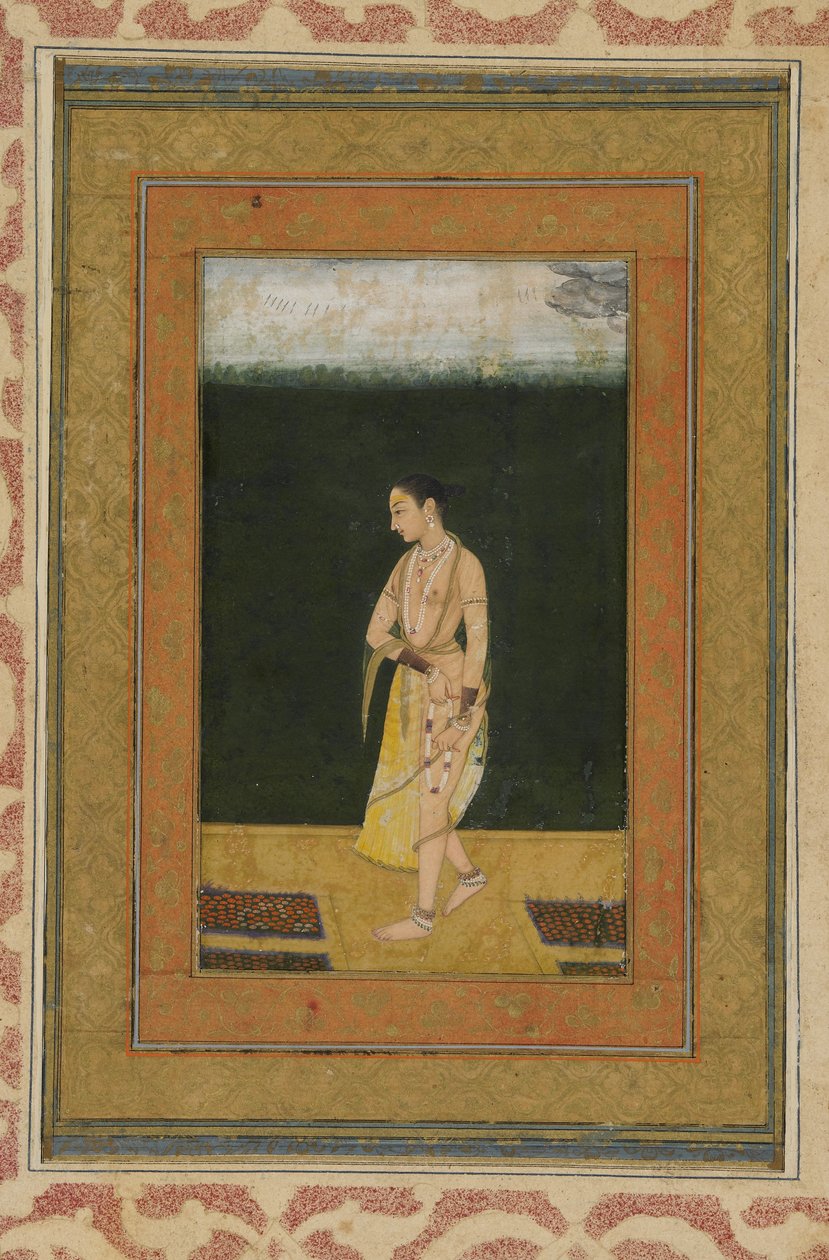 Una signora cammina in un giardino, foglio di album con dipinto, c.1730 da Indian School