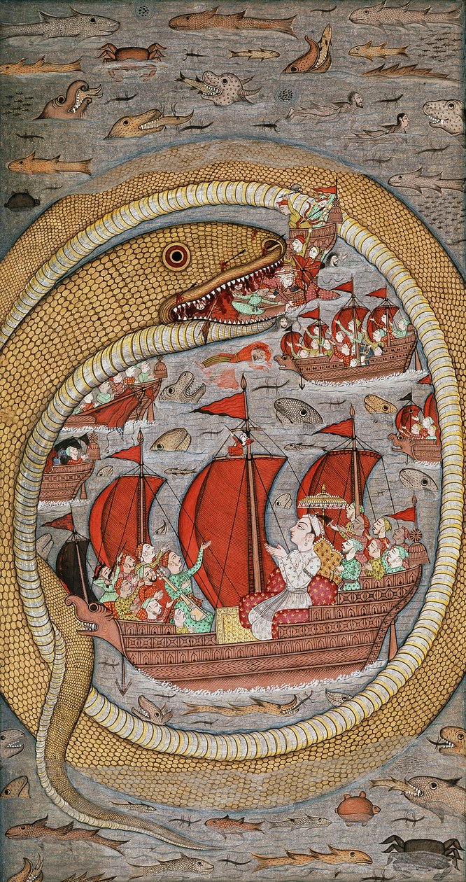 Un serpente mostruoso che divora la flotta reale, c.1670-1690 da Indian School