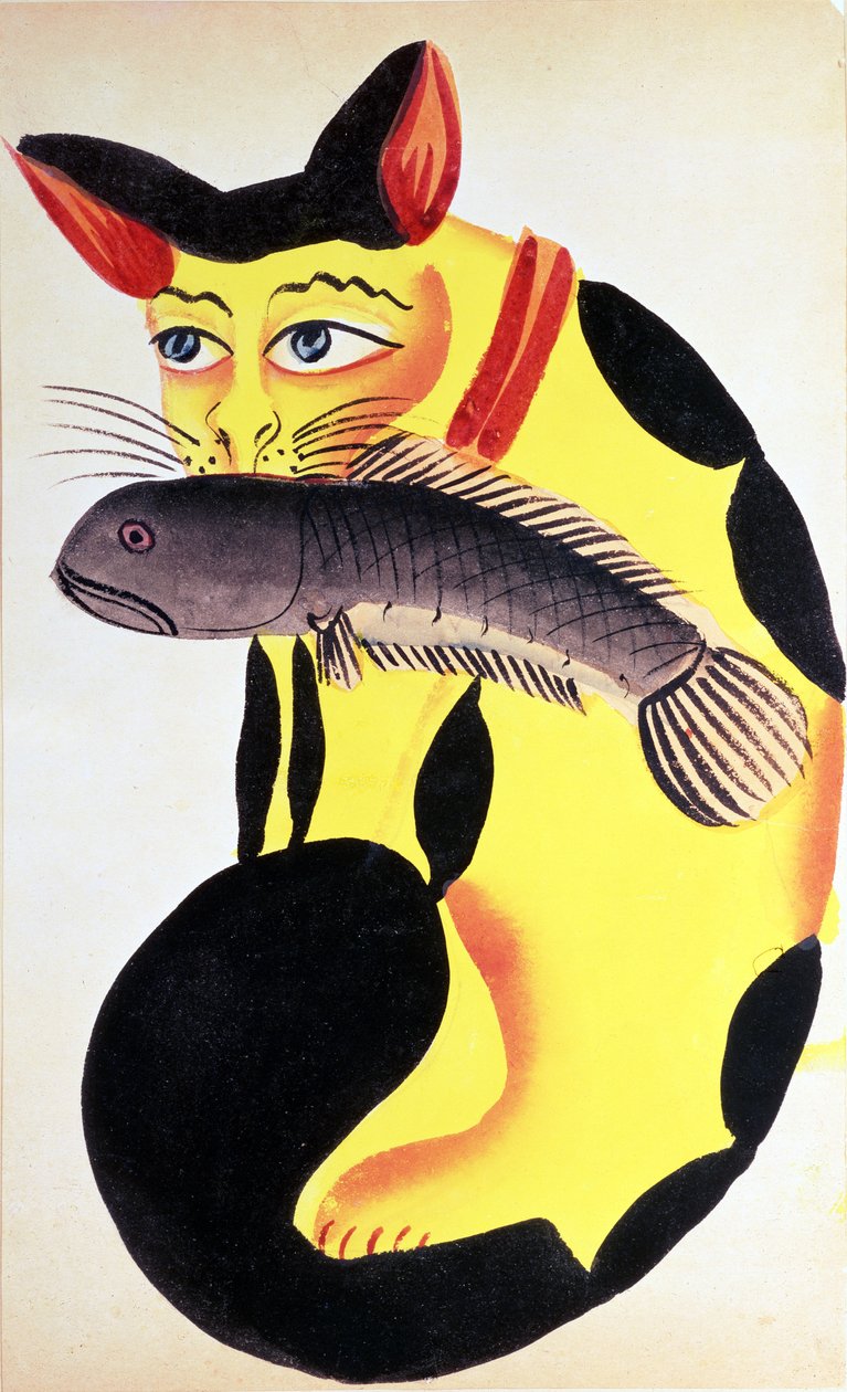 Un gatto con un pesce in bocca, dalla collezione di Rudyard Kipling, Calcutta, c.1890 da Indian School