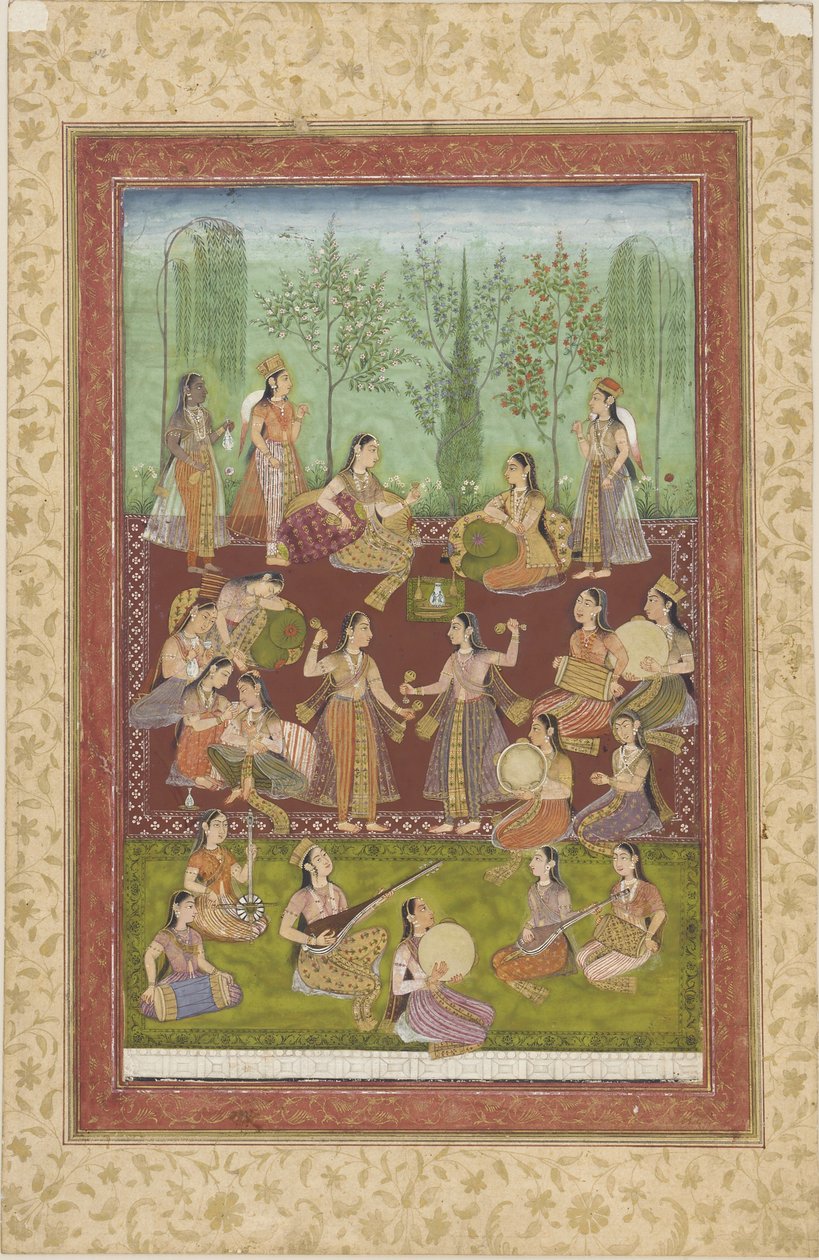Un gruppo di donne in un giardino, che si divertono con musica e danza da Indian School