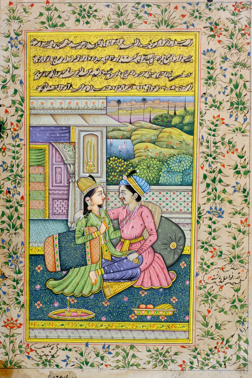 Un uomo corteggia una donna in un ambiente lussuoso, miniatura rajasthani da Indian School
