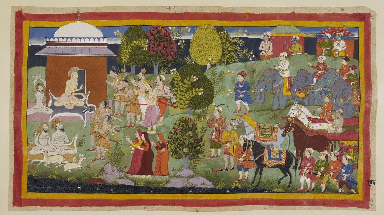 Add 15296 (1) f.108r, Bharadwaja, seduto fuori dalla sua capanna con altri asceti e cervi, chiede ai principi se hanno gradito la sua ospitalità. Dice loro e ai loro compagni che Rama vive a Citrakuta. Su sua richiesta, i principi intr da Indian School