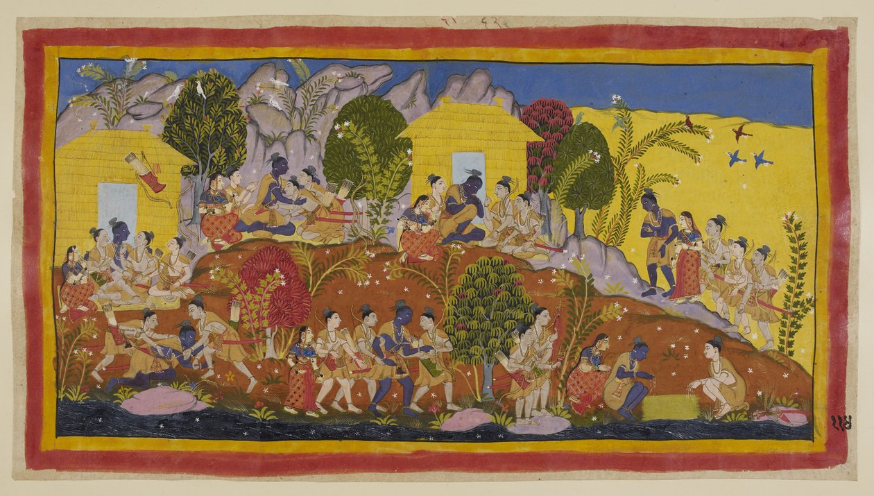 In alto al centro, Bharata e Shatrughna si gettano ai piedi di Rama, che abbraccia i suoi fratelli minori e annusa le loro teste. Rama li prende in grembo mentre chiede del loro benessere e di quello del loro padre da Indian School