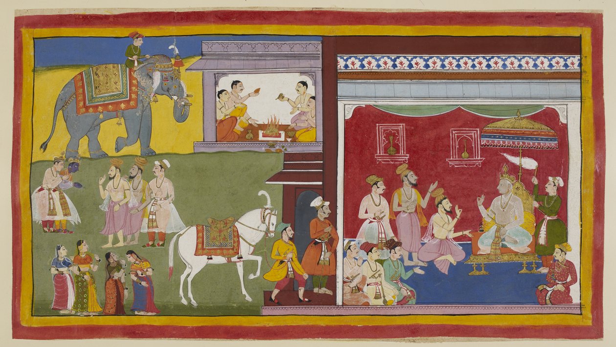 Dasaratha, seduto in durbar, racconta ai Brahmini Vasistha e Vamadeva e al suo ministro Sumantra della sua intenzione di abdicare al trono in favore di Rama come reggente; a sinistra, questi tre convocano Rama e Laksmana. Sopra, quattro Brahmini iniziano da Indian School