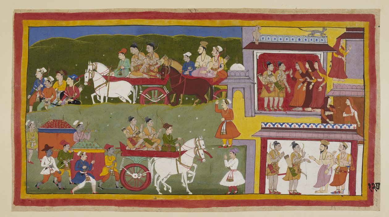 Add 15296 (1) f.127r, La processione ritorna ad Ayodhya, lungo il fondo del dipinto, la città desolata e abbandonata è il rifugio di gatti e gufi. Bharata e Shatrughna prendono congedo dalle regine e dicono a Vasistha che si ritireranno a N da Indian School