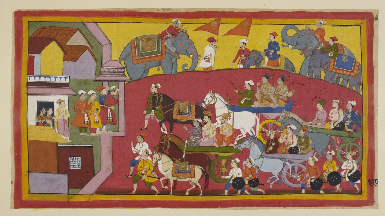 I carri di Vasistha e dei principi, accompagnati da vari ministri e persone, entrano nella città di Nandigrama da Indian School