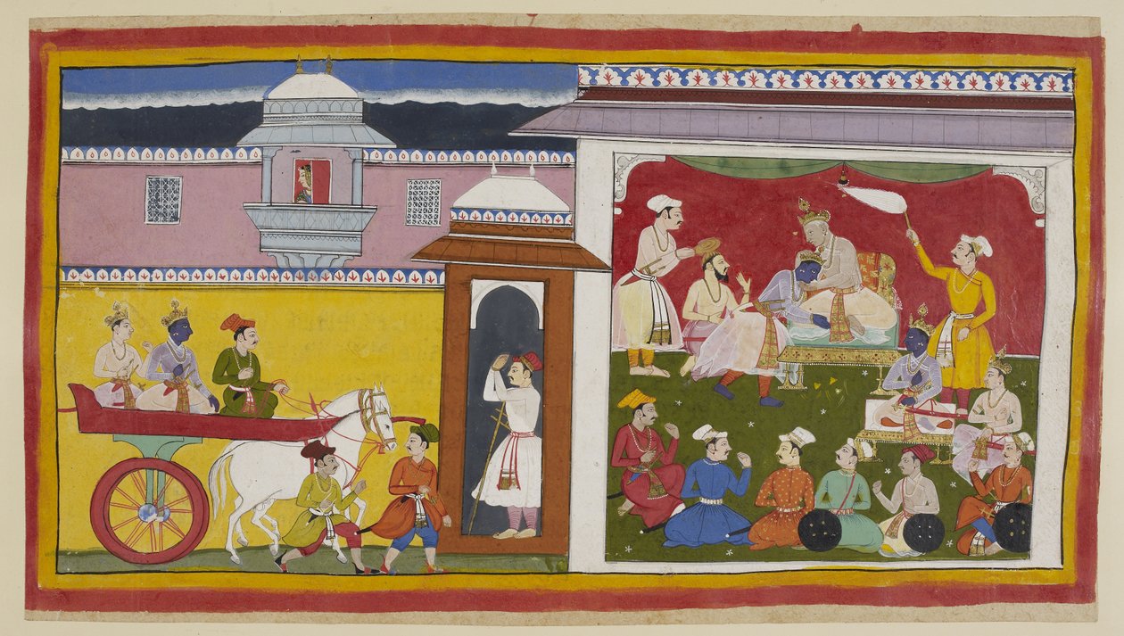 Sumantra porta Rama e Laksmana in un carro alla sala del durbar di Dasaratha, con una donna che guarda dall