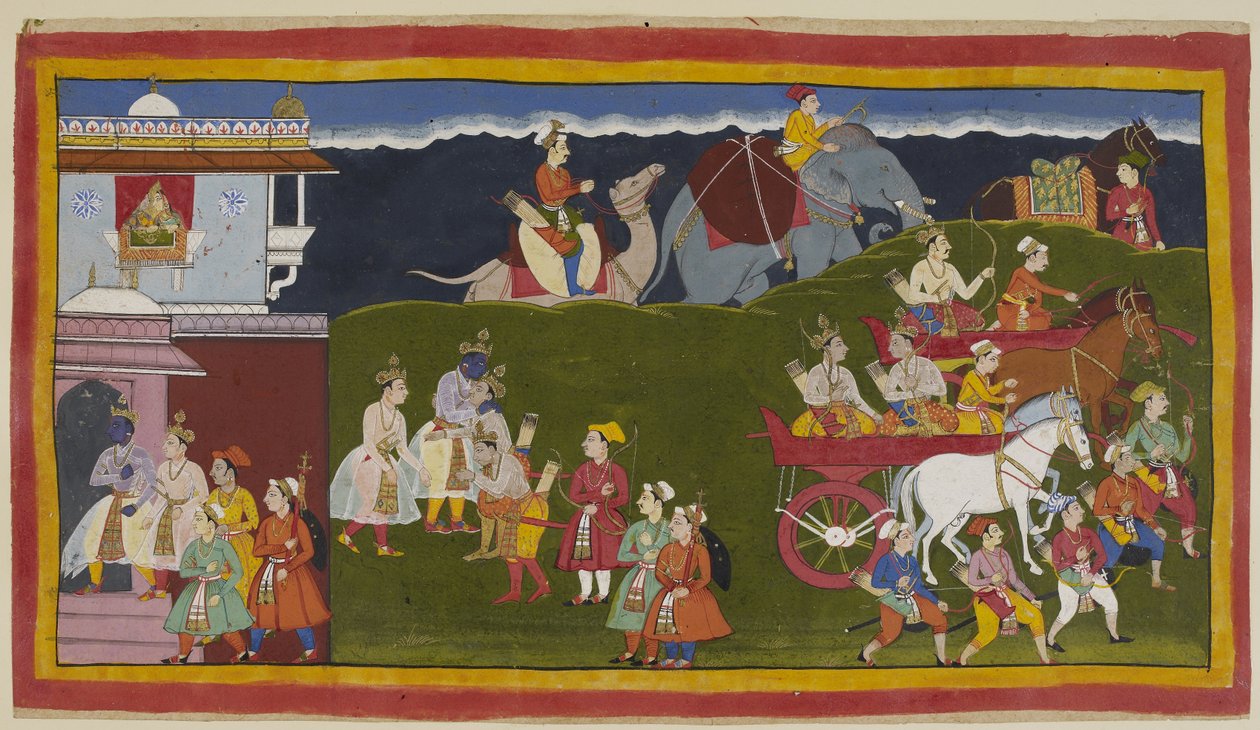 I quattro fratelli si abbracciano fuori dal palazzo, con donne che guardano giù da una finestra jharokha. Bharata e Shatrughna se ne vanno in una carrozza da Indian School